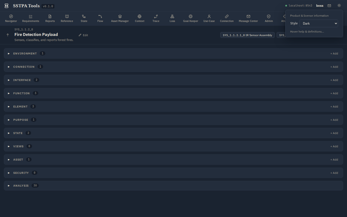 Gear menu with Style selector (Light / Dark). — Dark theme