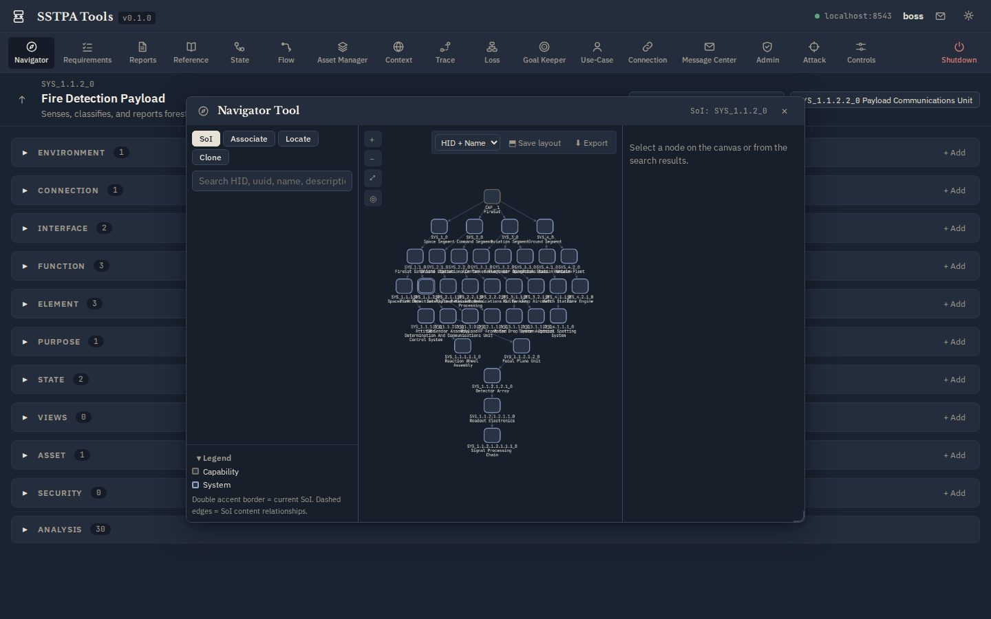 Navigator hierarchy with FireSat Systems. — Dark theme