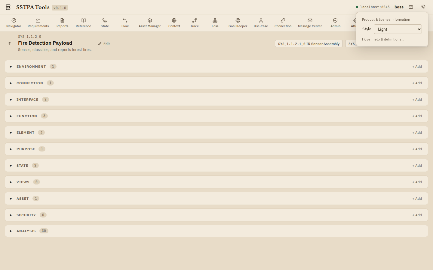 Gear menu with Style selector (Light / Dark). — Light theme