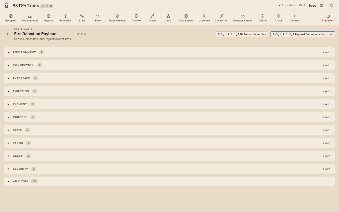 Main GUI on a child SoI (Fire Detection Payload) after decomposition drill-down. — Light theme
